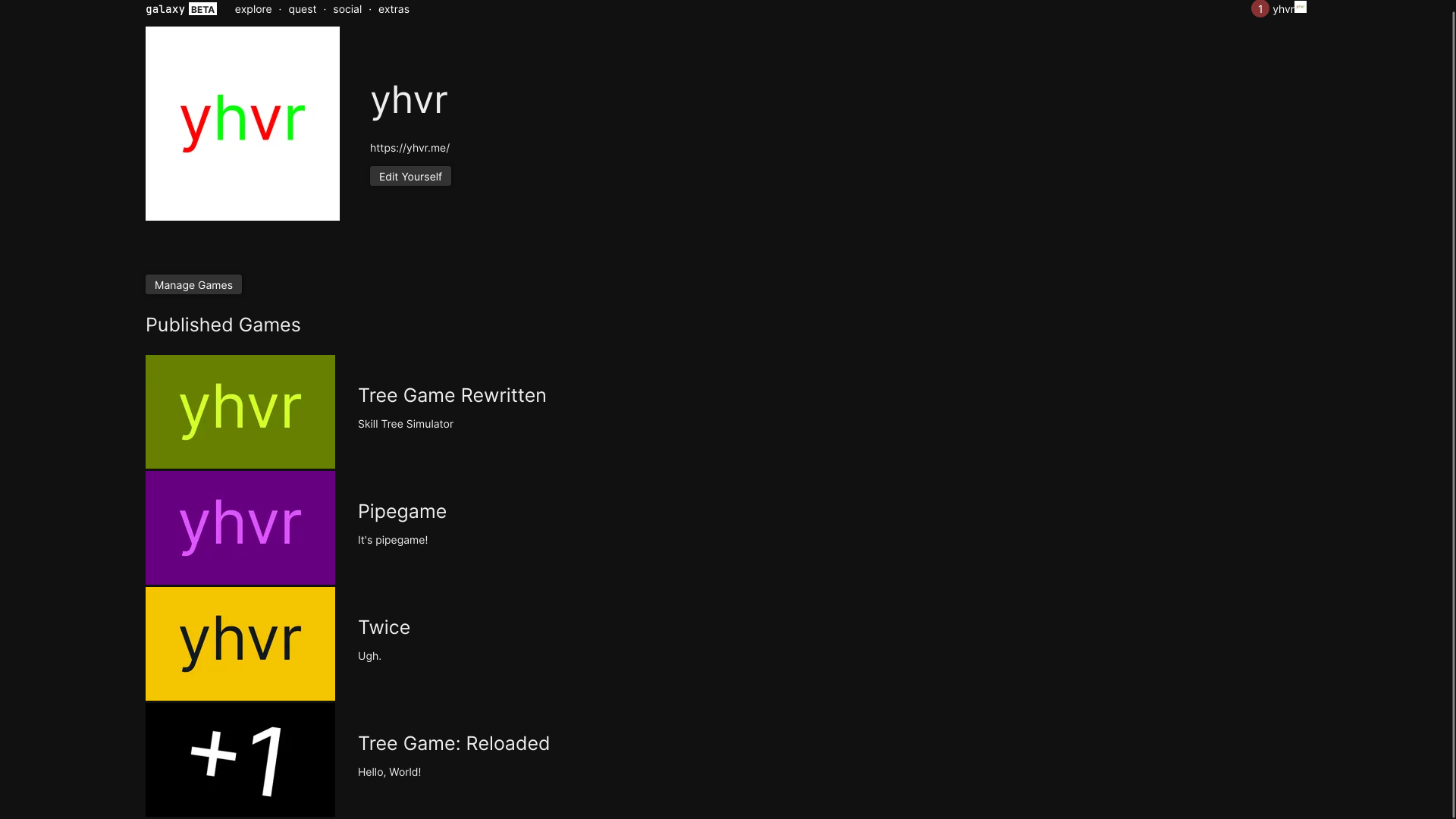 A user page for Yhvr