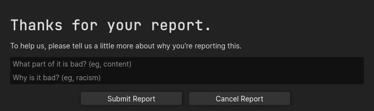 A screenshot of a popup asking someone to explain their report of a message
